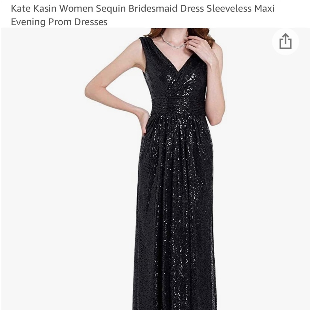 Black sequined V-neck dress.
